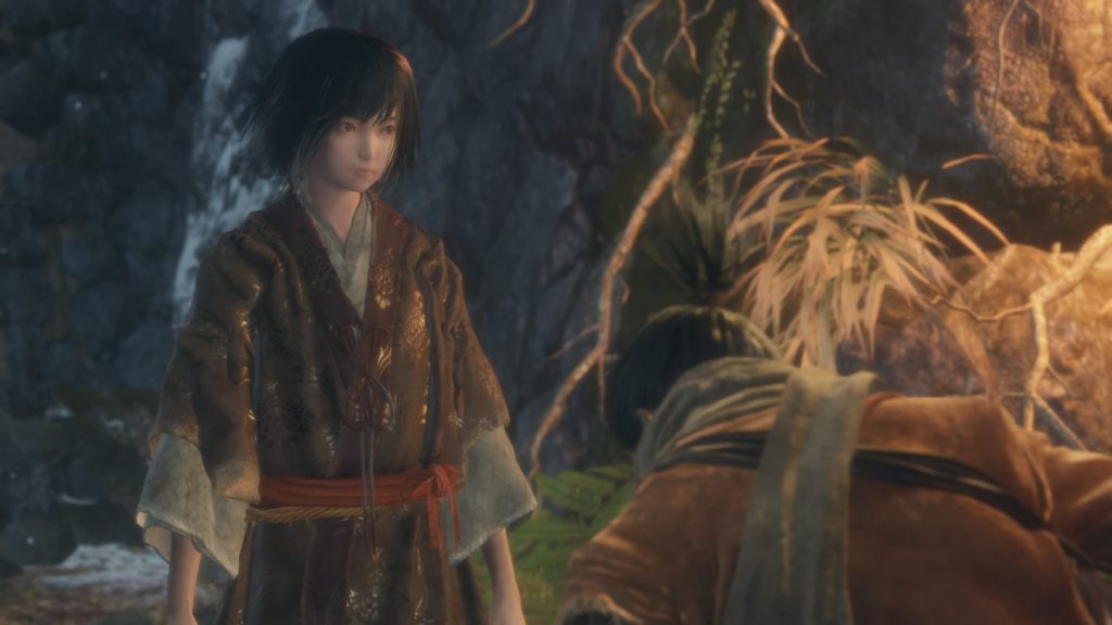 Wolf kneeling before Lord Kuro, his young master, as they attempt to flee Ashina. (Souls-like Games))