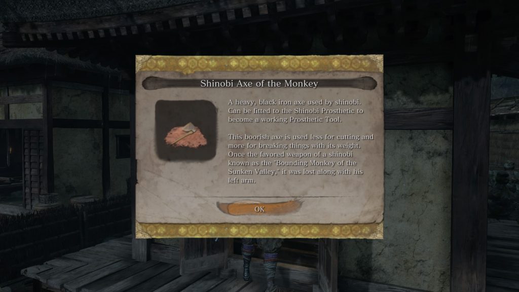 The Sculptor's axe, although the player is never outright told that the axe belonged to him. The key being that he is often called a monkey in passing by other characters.(Souls-like Games)