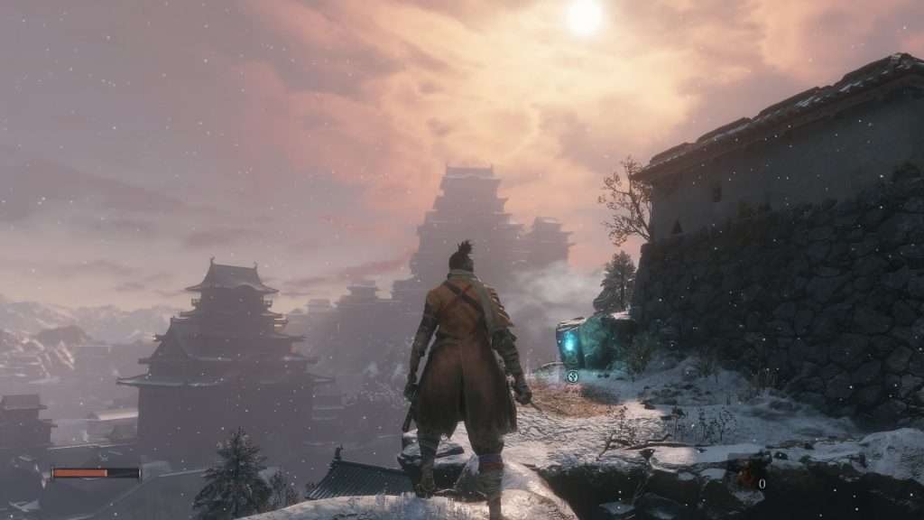 Wolf standing and looking out at Ashina Castle, his destination. (Souls-like Games)