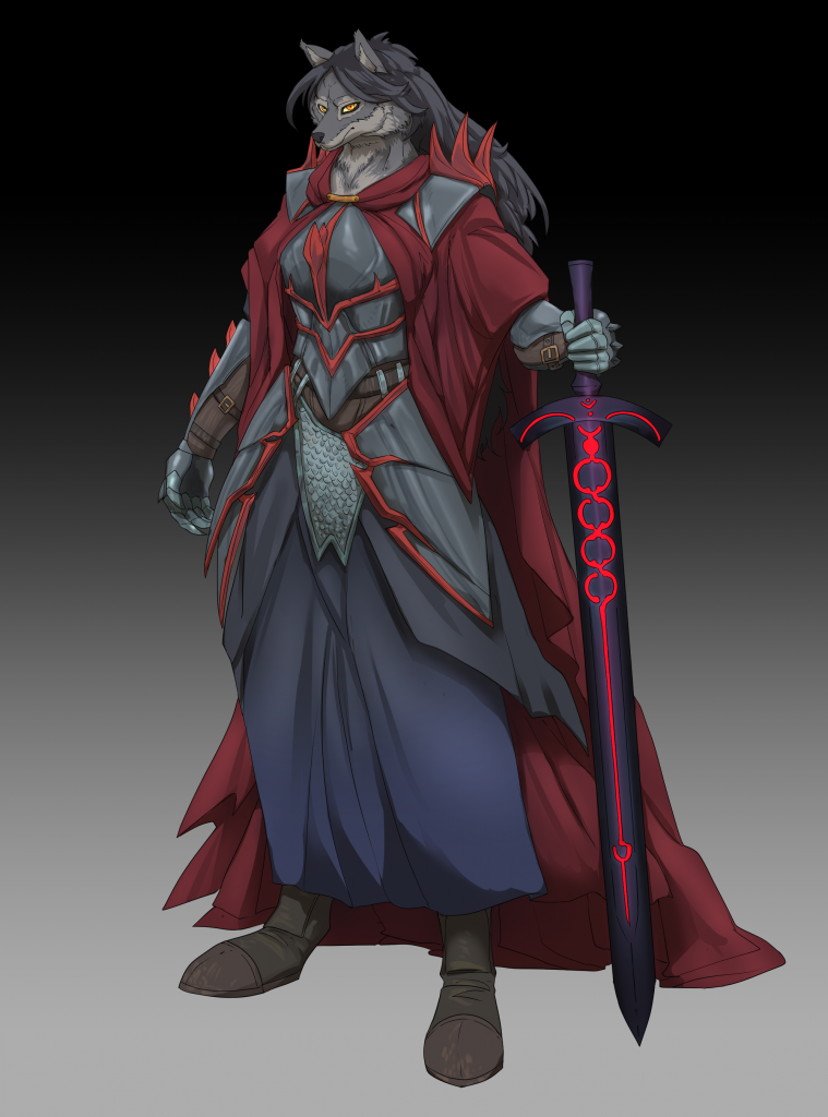 Marta Portrait by Iz. A werewolf in hellish plate armour with a flowing red cape, one hand gripping a black sword enscribed with arcane patterns.